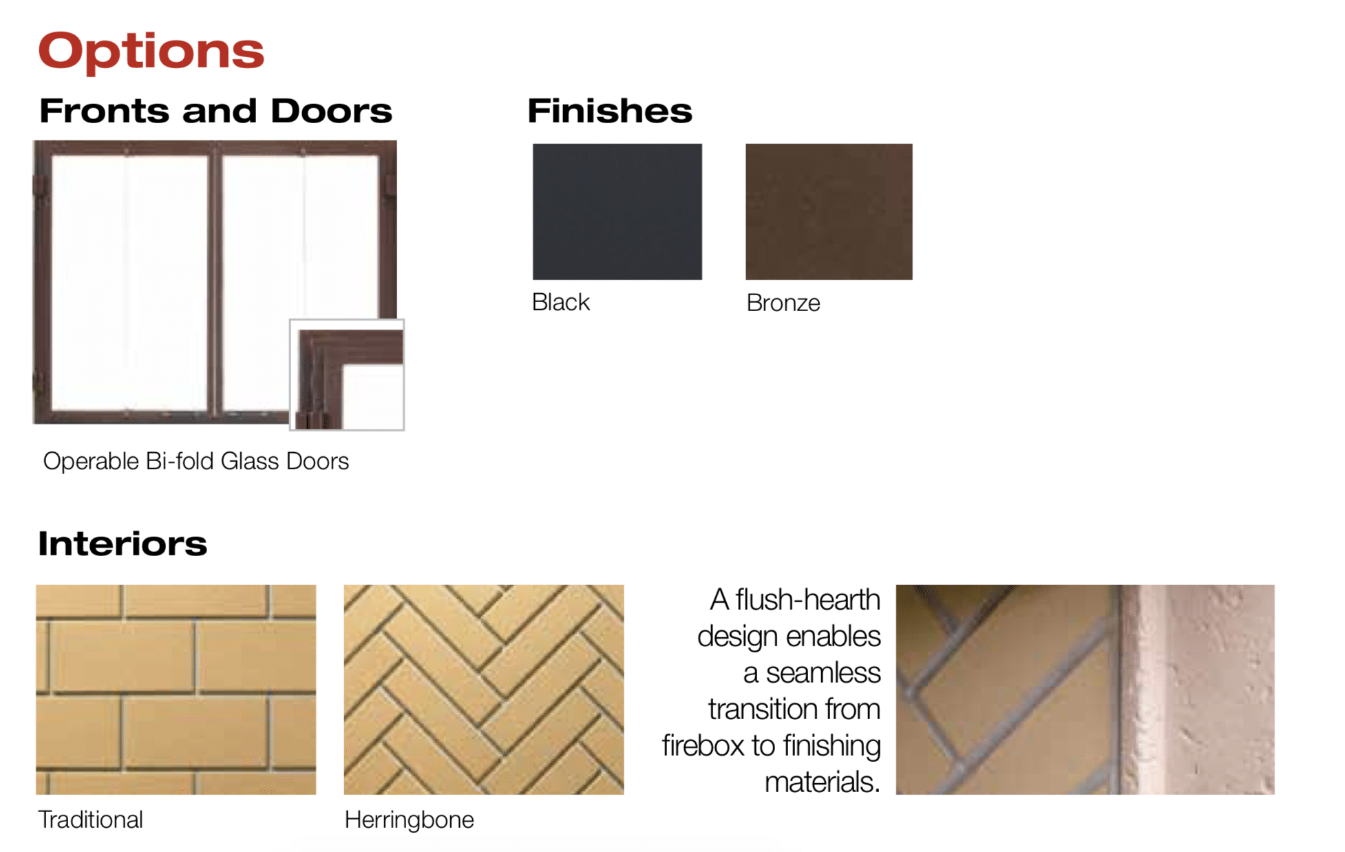 Infographic of fireplace options: Fronts & Doors, Finishes, Interiors