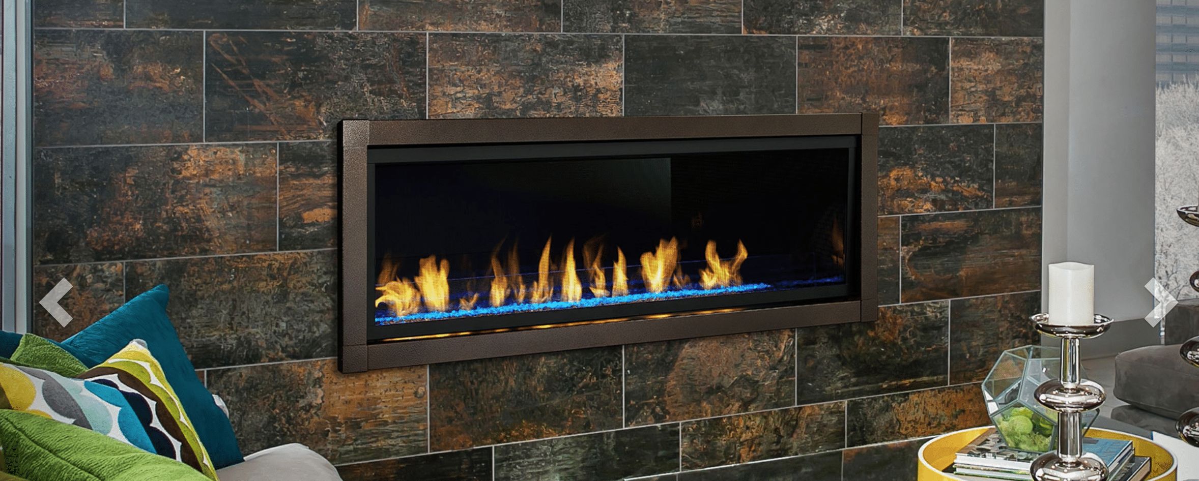 artisan vent free fireplace with modern look on dark stone fireplace